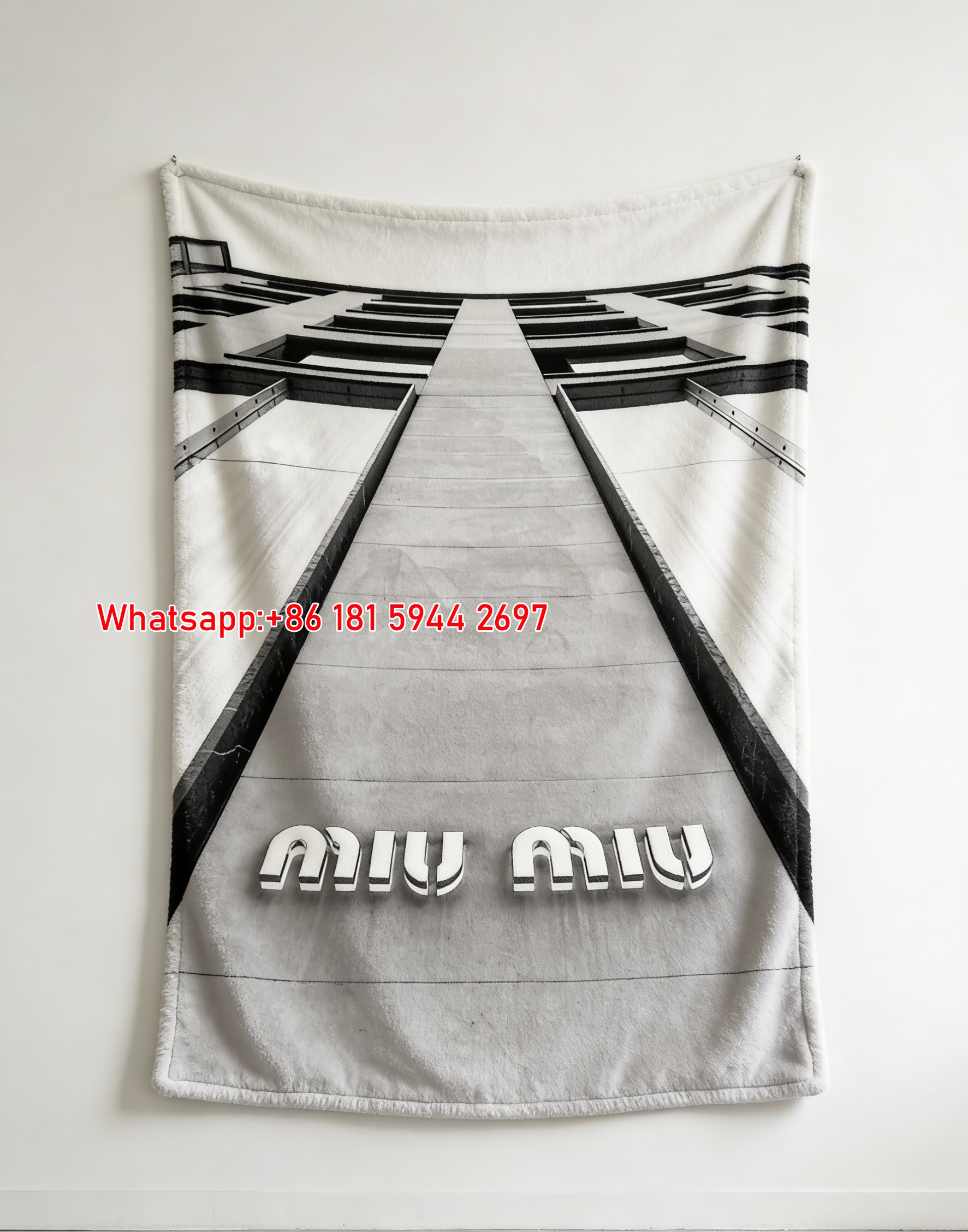 Miu Miu Store Facade Monochrome Grey Flannel Throw Blanket Miu Miu 3D Logo Printed Sofa Blanket IMG_0381